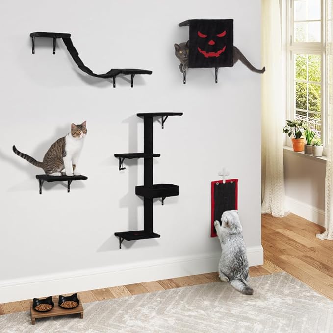 COZIWOW Wall-Mounted Cat Tree | Space-Saving Feline Furniture with Multiple Levels | Durable Scratch Post for Indoor Cats, Black&Red-Mewly Pet