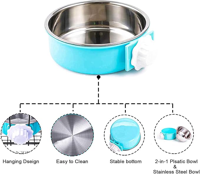 HERCOCCI Dog Crate Bowl, Removable Stainless Steel Pet Kennel Cage Hanging Food Bowls and Water Feeder Coop Cup Prevent Overflow for Puppy, Medium Dog, Cat, Rabbit, Ferret-Mewly Pet