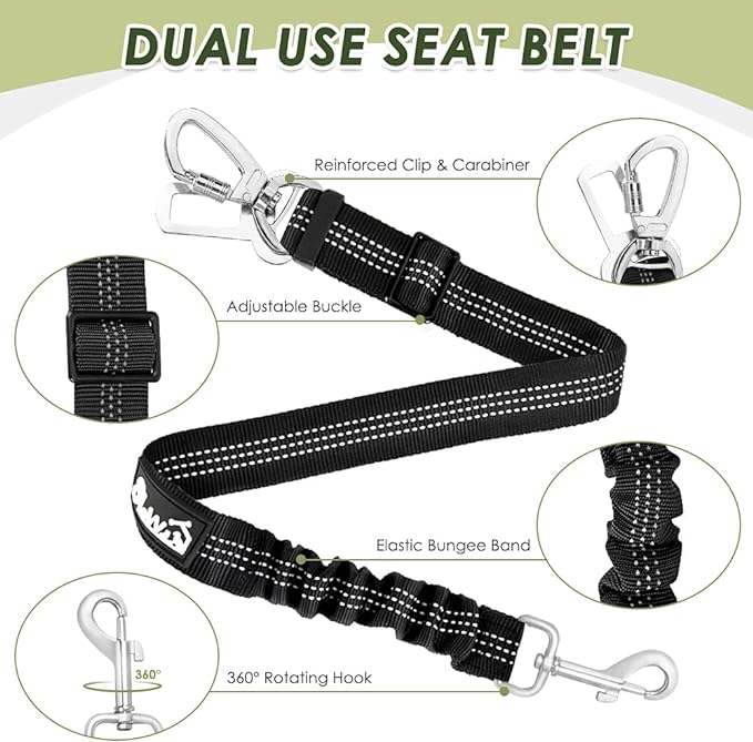 SlowTon Dog Seat Belt Harness for Car, Dog Car Harness Adjustable Mesh Breathable & Dog Seatbelt Safety Tether with Elastic Bungee for Small Medium Large Pets(Black, Double Clip, XXXS)-Mewly Pet