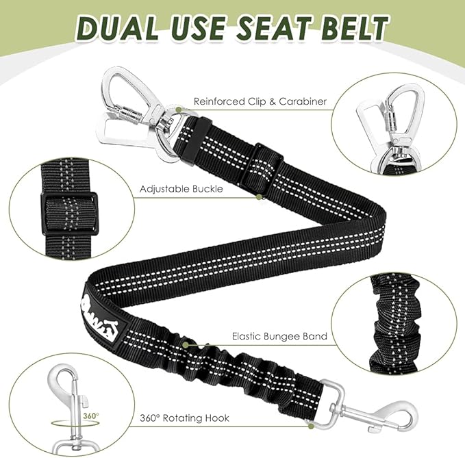 SlowTon Dog Seat Belt Harness for Car, Dog Car Harness Adjustable Mesh Breathable & Dog Seatbelt Safety Tether with Elastic Bungee for Small Medium Large Pets(Black, Double Clip, XXS)-Mewly Pet