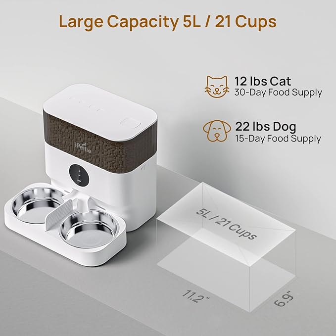 iPettie Automatic WiFi Pet Feeder for 2 Pets, 5L/21 Cup Capacity, 1-10 Meals Per Day, Adjustable Bowl Height, Smart Dog Cat Feeder with 2 Stainless Steel Bowls, Voice Recording, 2.4G WiFi App Control-Mewly Pet