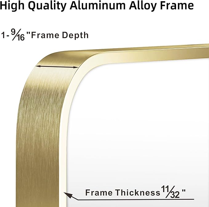 French Gold Mirror for Wall Decor, 30x36 Inch Brushed Brass Metal Framed Rectangle Wall Mirror for Bathroom Vanity, Living Room, Bedroom, Farmhouse, Hangs Vertically or Horizontally