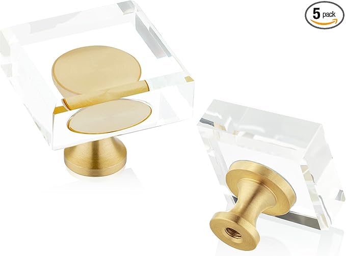 QOGRISUN 5-Pack Brass Crystal Cabinet Knobs,Glass Crystal Gold Drawer Knobs,1-1/8-Inch Square,Decorative Dresser Pulls, Modern Cabinet Hardware