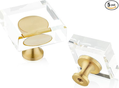 QOGRISUN 5-Pack Brass Crystal Cabinet Knobs,Glass Crystal Gold Drawer Knobs,1-1/8-Inch Square,Decorative Dresser Pulls, Modern Cabinet Hardware