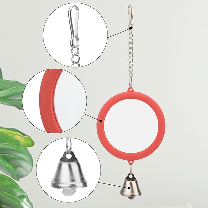 Hypeety Pet Bird Mirror with Bell Interactive Parrot Toy Bird Cage Mirror for Cockatiel Parakeets Canaries Budgie (RED)-Mewly Pet