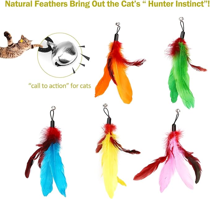 11PCS Cat Feather Toys Refills, 10PCS Feathers and 1PC String, Interactive Cat Wand Toy Replacement for Bored Indoor Adult Cats & Kittens-Mewly Pet