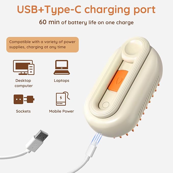 GKZ Cat Steam Brush, 3 in 1 Pet Comb for Massage, Cleaning, Shedding and Combing, Electric Mist to Prevent Flyaways for Home, Dogs and Cat Lovers - Khaki-Mewly Pet