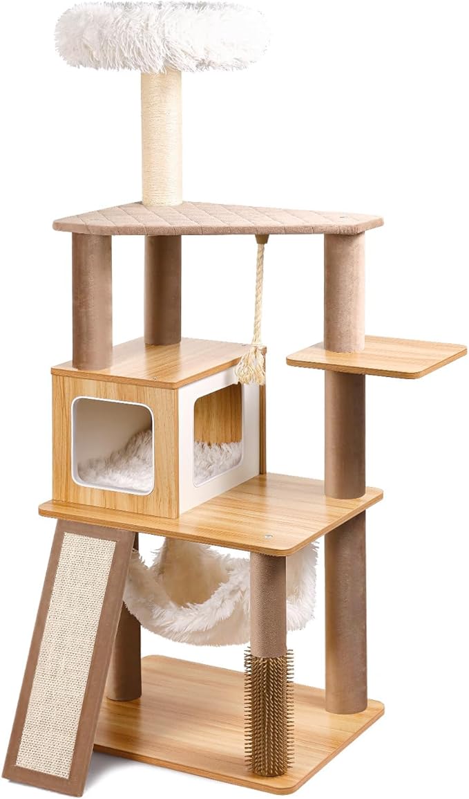 61" Wooden Cat Tree Tower for Indoor Cats, Luxury Modern Wooden Tower with XL Plush Lounge, Hammock & Scratching Posts for Maine Coon 20 lbs-Mewly Pet