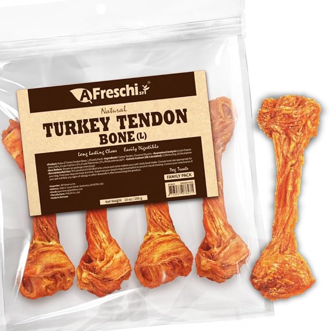 Afreschi Natural Turkey Tendon Bone (L) 10 oz, USA-Sourced Turkey Tendon, All Natural Puppy Chew, Hypoallergenic, Rawhide Alternative, for Large Breeds-Mewly Pet