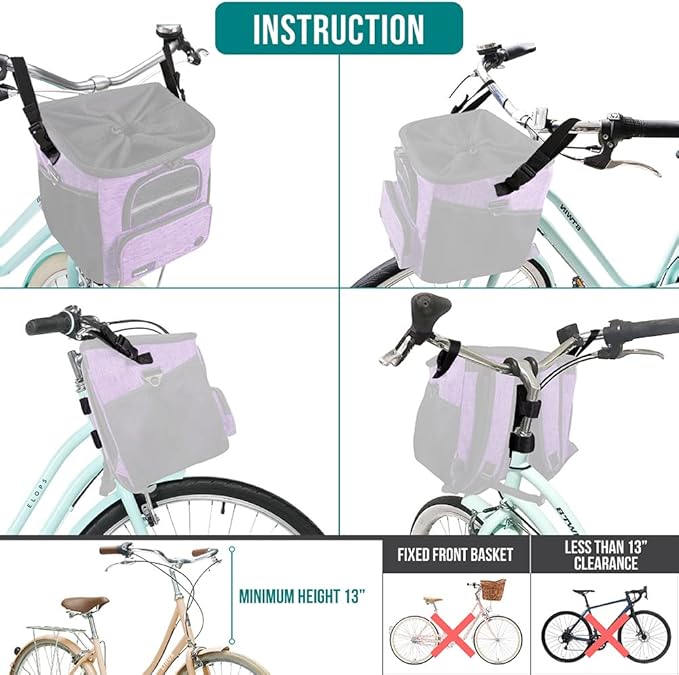 PetAmi Dog Bike Basket, Soft-Sided Ventilated Dog Bike Carrier Backpack, Pet Bicycle Basket for Bike Handlebar, Small Medium Puppy Cat Kitten Car Booster Seat with Safety Strap, Max 18 lbs, Purple-Mewly Pet