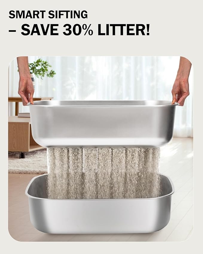 Stainless Steel Sifting Litter Box with Lid, Metal Litter Pan Tray with Scoop for Big Cats & Multi Cat, Extra Large Cats Litterbox Odor Control, Easy Clean (with Enclosure & Step, X-Large)-Mewly Pet