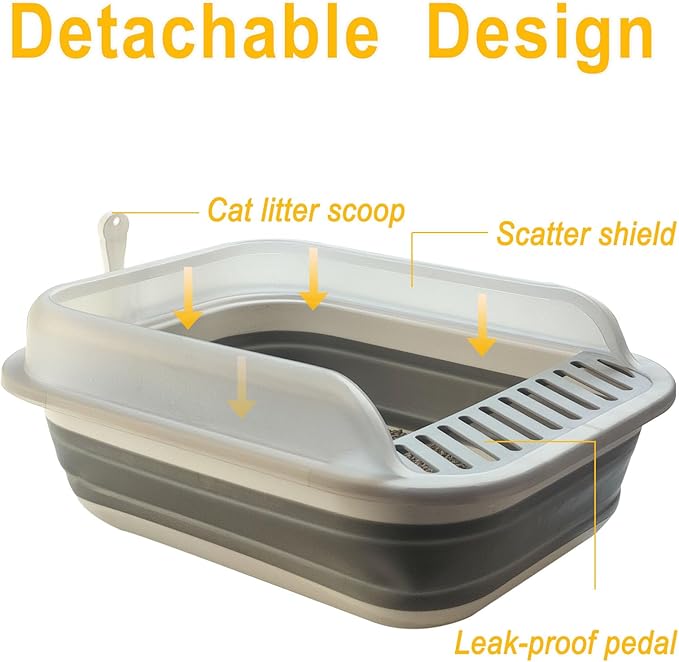 Open Cat Litter Box with High Side, 20.67 X 15.16 inch Anti-Splashing Kitty Litter Pan Collapsible Travel Litter Potty Pan Scoop Leak-Proof Pedal Cat Toilet No Smell Easy Clean (L Gray High Side)-Mewly Pet