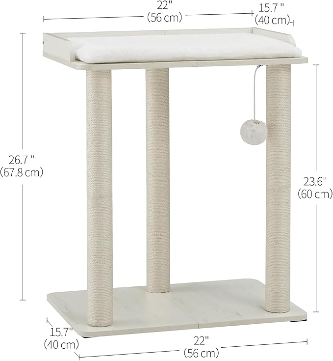 FourFurPets 26.7in Large Cat Tree Tower Condo, Cat Scratch Posts for Indoor Cats, Big Plate, Three 23.6in Full Sisal Scratching Posts, White-Mewly Pet