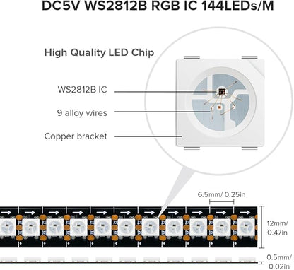 SEZO WS2812B LED Strip Light 3.3FT/1M 144LEDs/m Individually Addressable Programmable 5050SMD Digital RGB Alloy Wires Flexible Dream Color IP30 Non-Waterproof PCB Black DC5V
