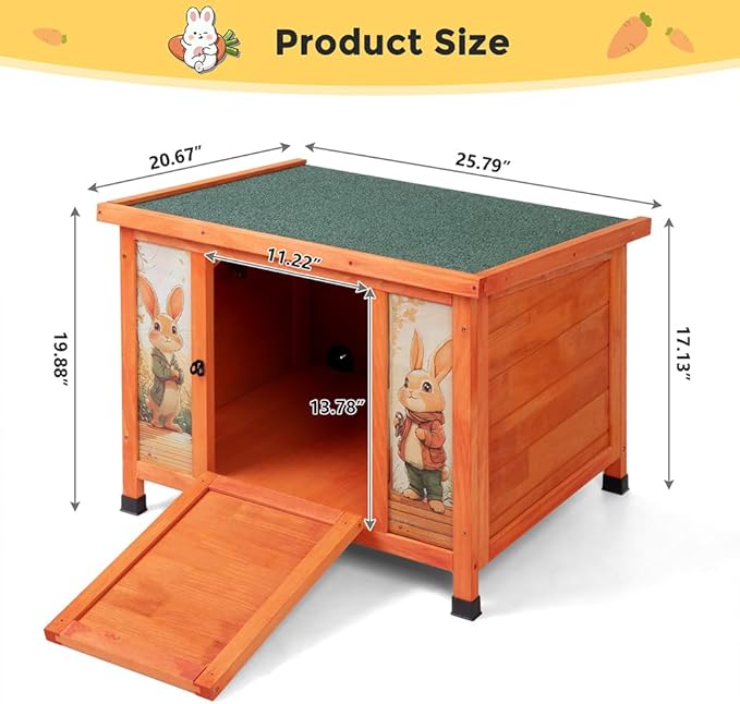 COZIWOW 24in Wooden Cat House Outdoor & Indoor Pet Shelter with Foldable Ramp - Weatherproof Rabbit Hutch with Unique Machine-Printed Art Designs for Cat, Rabbit, Guinea Pig (Orange)-Mewly Pet