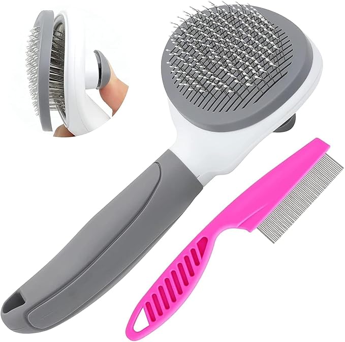 Cat Brushes for Indoor Cats, Dog Brush for Shedding with Metal Cat Comb, Self Cleaning Pet Hair Brush with Release Button for Grooming Kitten(Dark Grey)-Mewly Pet