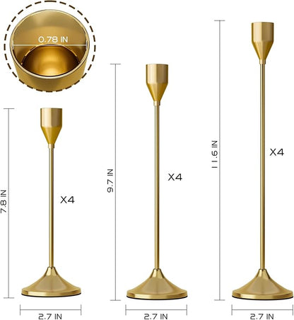 Brass Gold Metal Taper Candle Holder, Vintage Candlestick Holders, Candle Sticks Holder Decor for Wedding Wedding, Dinning, Party, Fits 3/4 inch Thick Candle&Led Candles (Set of 12 Pcs)