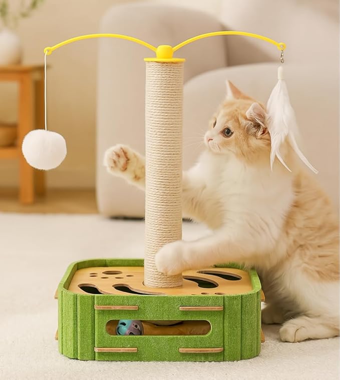 Interactive Cat Puzzle Toy - Scratching Post with Spinning Balls & Feathers for Indoor Cats, Satisfies Hunting Instinct, Self-Play Mental Stimulation Game with Rolling Track-Mewly Pet