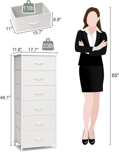 Crestlive Products Tall Dresser for Bedroom Vertical Storage Tower - Sturdy Steel Frame, Wood Top, Easy Pull Fabric Bins, Handles - Organizer Unit for Hallway, Entryway, Closets - 6 Drawers (White)