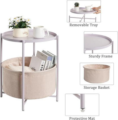danpinera Round Side Table with Fabric Storage Basket, Metal Side Table Small Bedside Nightstand with Removable Tray Top for Living Room, Bedroom, Nursery, Laundry, Light Violet