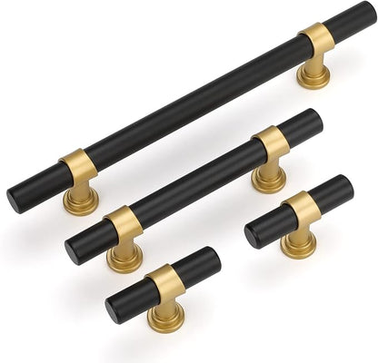 LONTAN 12 Pack Kitchen Cabinet Knobs Black and Gold Drawer Knobs for Dresser Bathroom T-bar Black Hardware for Cabinets, Zinc Alloy Base