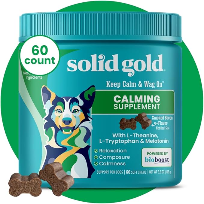 Solid Gold Calming Chews for Dogs - Dog Calming Chews W/Melatonin for Separation, Stress & Hyperactivity Relief - Supports Relaxation for Travel, Fireworks & Storms - All Ages & Sizes - Bacon - 60ct-Mewly Pet