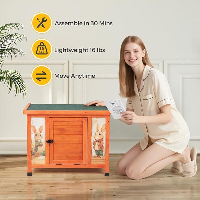 COZIWOW 24in Wooden Cat House Outdoor & Indoor Pet Shelter with Foldable Ramp - Weatherproof Rabbit Hutch with Unique Machine-Printed Art Designs for Cat, Rabbit, Guinea Pig (Orange)-Mewly Pet