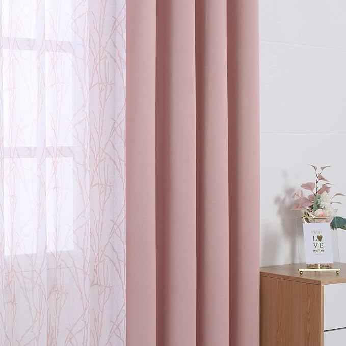BONZER Mix and Match Curtains - 2 Pieces Branch Print Sheer Curtains and 2 Pieces Blackout Curtains for Bedroom Living Room Grommet Window Drapes, 54x95 Inch/Panel, Blush, Set of 4 Panels