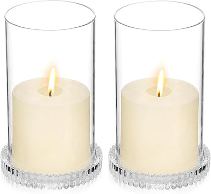Hurricane Glass Candle Holders Set of 2, Serrated Round Candle Stand for Pillar Candles Modern CandleHolders Cylinder Chimney Cover for Outdoor Wedding Decor Parties & Table Centerpieces