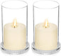 Hurricane Glass Candle Holders Set of 2, Serrated Round Candle Stand for Pillar Candles Modern CandleHolders Cylinder Chimney Cover for Outdoor Wedding Decor Parties & Table Centerpieces