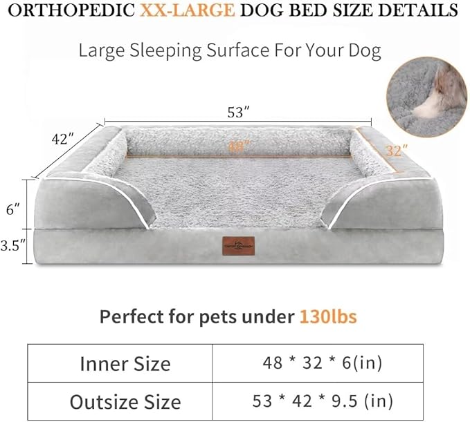 Comfort Expression XXL Dog Beds Waterproof for Extra Large Dogs, Orthopedic Memory Foam Dog Bed for Giant Dogs, Washable Pet Sofa Couch with Bolster & Removable Cover(XX-Large,Light Grey)-Mewly Pet