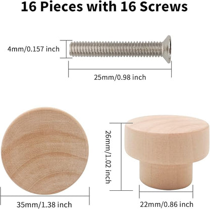 16PCS Wood Knobs Flat Top Round Cabinet Knobs 1.39"(35mm) Unfinished Wooden Dresser Drawer Pulls Kitchen Cabinet Handles