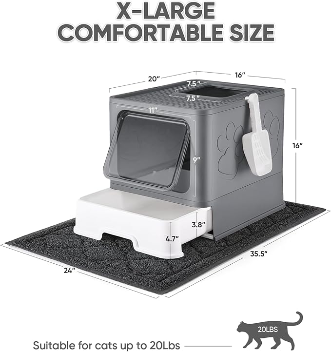 Cat Litter Box with X-Large Litter Mat and Scoop, Large Foldable Litter Box with Lid, Enclosed Kitty Box,Front Top Entry Exit, Odor Control Easy to Clean (Upgrade Dark Grey)-Mewly Pet