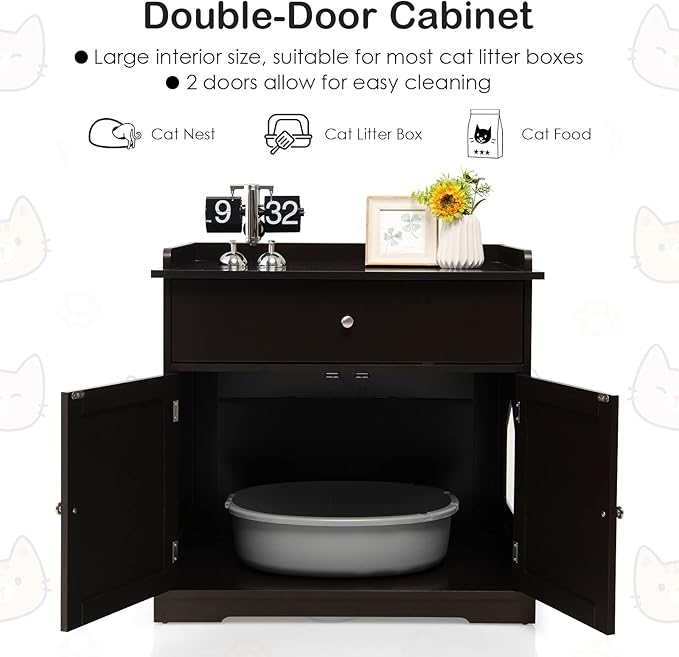 PETSITE Cat Litter Box Enclosure, Large Cat Washroom End Table with Drawer & 2 Doors, Wooden Cat House Storage Cabinet, Hidden Litter Box Furniture, Brown-Mewly Pet