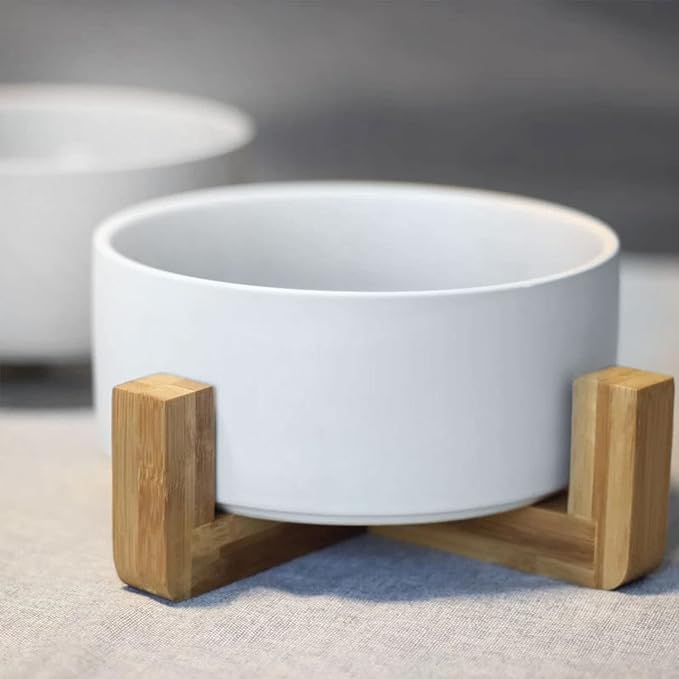 Petygooing Dog Bowls,White Ceramic Cat Dog Bowl Set with Wood Stand for Food and Water Feeder, Modern Pet Dish Set for Cats and Small Size Dogs Puppy (13.5OZ/5.1 in)-Mewly Pet