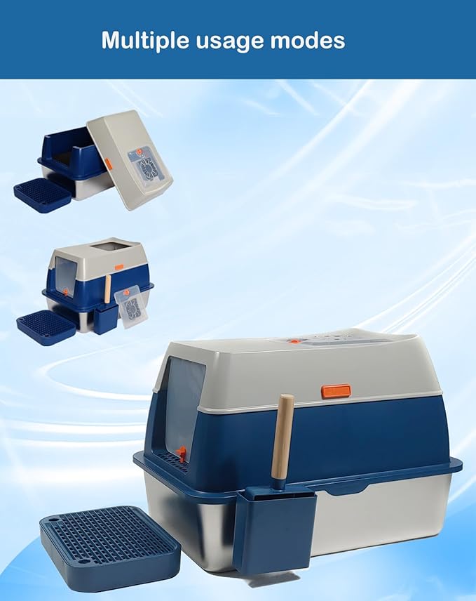 XL Stainless Steel Enclosed Litter Box with Covered for Indoor Cats, High Sides, Eliminates Odors, Easy Clean, Blue, FOXORU-Mewly Pet