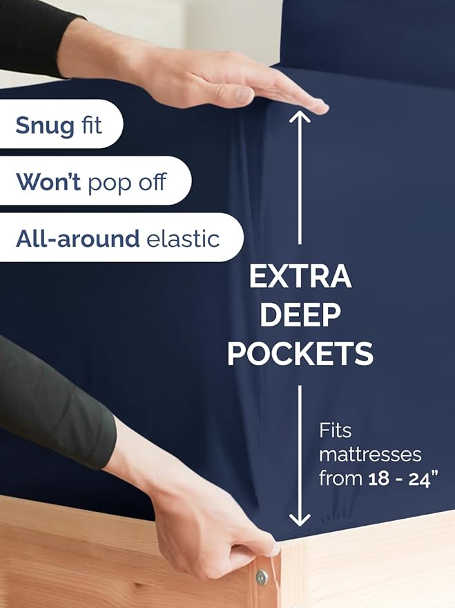 Extra Deep Twin Sheet Set - 4 Piece Breathable & Cooling Sheets - Hotel Luxury Bed Sheets Set - Easy & Secure Fit - Soft, Wrinkle Free & Comfy Sheets Set - Navy Blue Sheet Set with Extra Deep Pockets