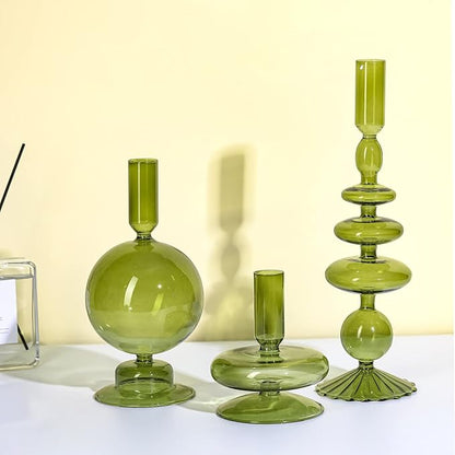 Rtteri 3 Pcs Glass Candlestick Holders Glass Candle Holders Groovy Wavy Elegant Taper Candle Stick for Wedding Home Birthday Party Christmas Halloween Decoration Windowsill Decor(Green)