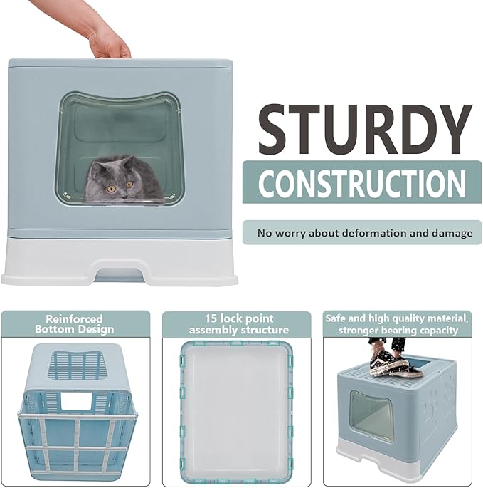 XL Foldable Cat Litter Box with Lid - Jumbo Enclosed Potty - Top Entry Anti-Splashing Toilet - Includes Scoop & 2-in-1 Cleaning Brush (Blue-Mewly Pet