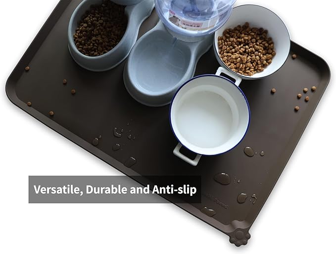Hoki Found X-Large Silicone Pet Food Mat Tray - Non-Slip Dog and Cat Bowl Placemat - Waterproof Feeding Mat for Carpet - Coffee-Mewly Pet