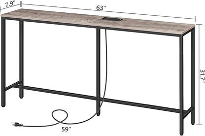 63" Console Table with Power Outlet, Narrow Sofa Industrial Entryway Behind Couch Table with USB Ports for Entryway, Hallway, Foyer, Living Room, Bedroom, Greige CTHG16E01Z1