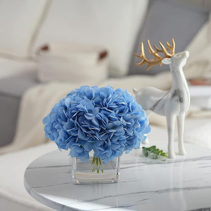 Silk Blue Artificial Hydrangea in Vase with Faux Water, Silk Flower Arrangements in Vase for Home Decor, Wedding Table (Blue)