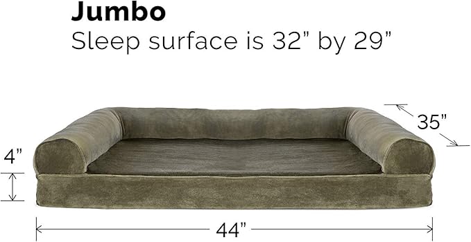 Furhaven Cooling Gel Dog Bed for Large Dogs w/ Removable Bolsters & Washable Cover, For Dogs Up to 95 lbs - Faux Fur & Velvet Sofa - Dark Sage, Jumbo/XL-Mewly Pet