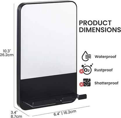 TAILI Fogless Shower Mirror, Anti-Fog with Razor Holder, Suction Shaving Mirror with Storage Tray, Rust-Proof, Shatterproof, Removable for Bathroom, Shower Accessories, Black