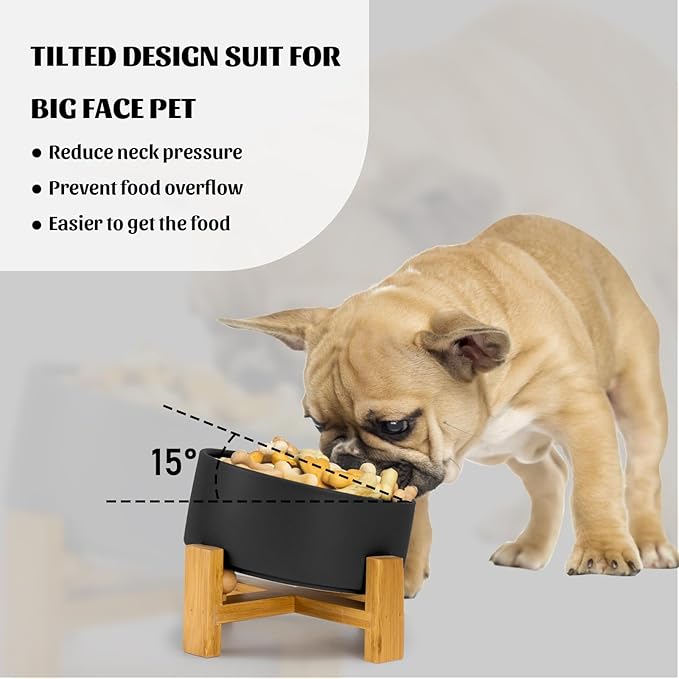 SPUNKYJUNKY 15° Slanted Ceramic Dog and Cat Bowl with Wooden Stand, Tilted Bulldog Food and Water Bowl No Slip Non-Spill for Cats Medium Dogs Big Face Pets 28.7 OZ (3.6 Cups, Black)-Mewly Pet