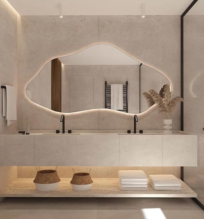 Asymmetrical Bathroom LED Mirror, Modern Irregular Shape Wall Mirror with LED Lights, Frameless Aesthetic Backlit LED Illimunated Vanity Mirror (30" x 15" inc)