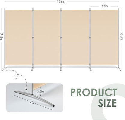 RANTILA 4 Panel Room Divider, 6 Ft Tall Folding Privacy Screen Room Dividers, Freestanding Room Partition Wall Dividers, 136''W x 20''D x 71''H, Beige