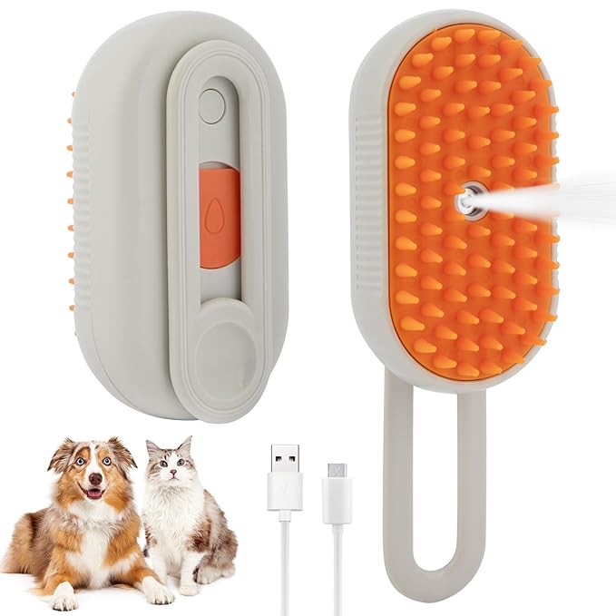 4-in-1 Cat Steam Brush Cat and Dog Anti-Static steam Brush with Spray for Massaging,cleaning,Shedding,Grooming,New Rechargeable Pet Grooming Brushes(cream khaki)-Mewly Pet