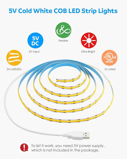 Aclorol USB COB LED Strip Lights for TV 5V USB Powered LED Tape Lights Daylight White 6.56FT 320Leds/M 6000K COB Flexible Light Strip TV Led Backlight for Bedroom Under Cabinet Kitchen DIY