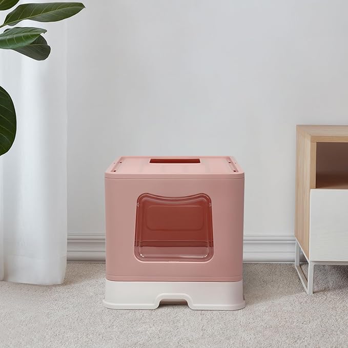XL Foldable Cat Litter Box with Lid - Jumbo Enclosed Potty - Top Entry Anti-Splashing Toilet - Includes Scoop & 2-in-1 Cleaning Brush (Pink)-Mewly Pet